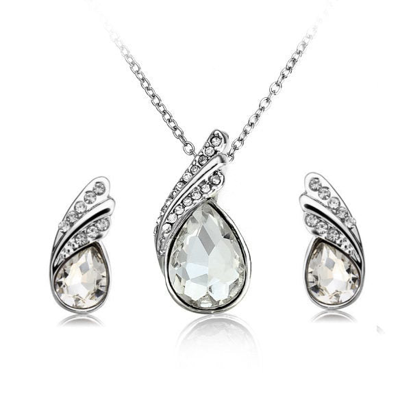 Crystal Water Drop Necklace Earrings Jewelry Set Silver Plated Jewelry Gift for Women