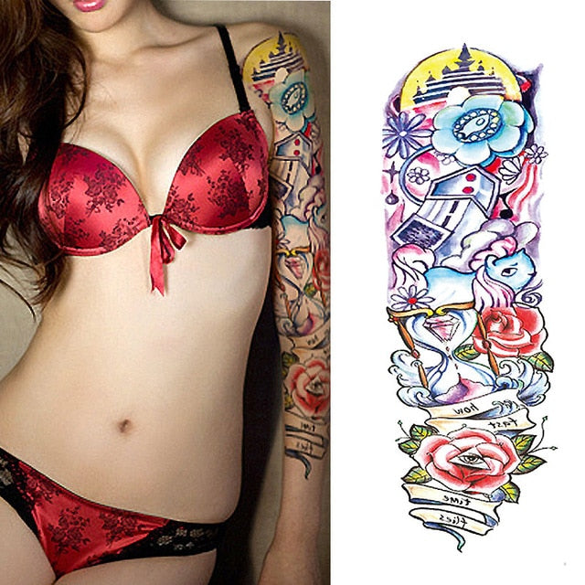 Full Flower Arm Tattoo Sticker 40models Fish Peacock Lotus Temporary Body paint Water Transfer fake Tatoo sleeve