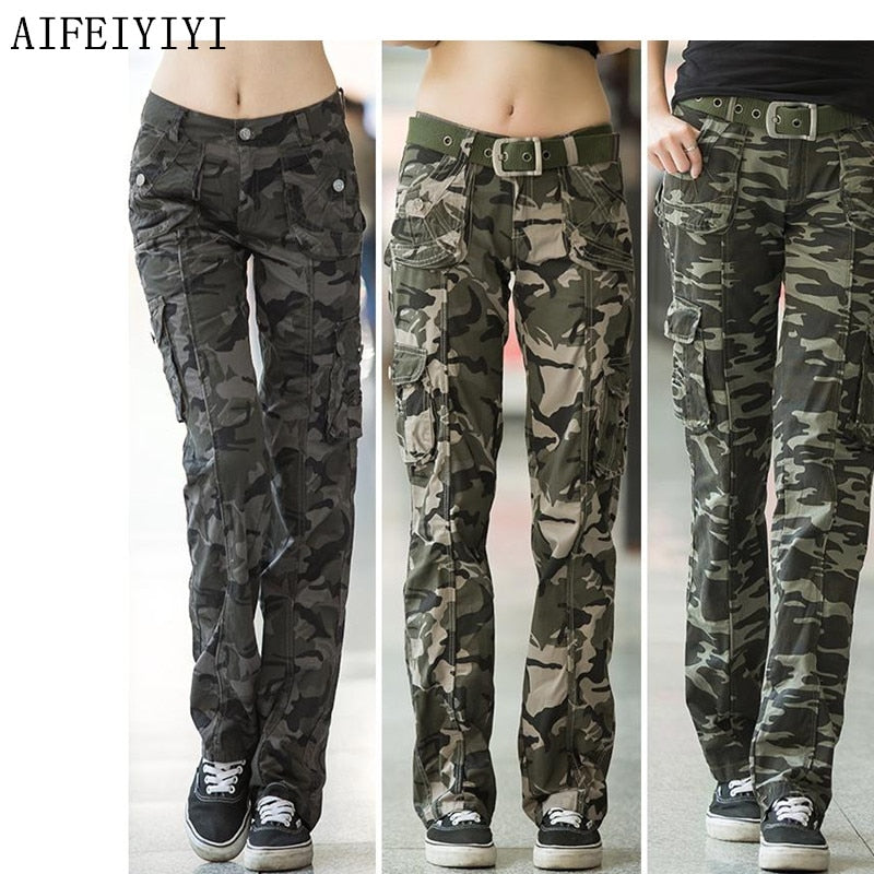 Women Workout Casual Military Camouflage Cargo Jeans Pants Denim Overalls Ladies Straight Multi-pocket Trousers Pantalon Femme Fashion