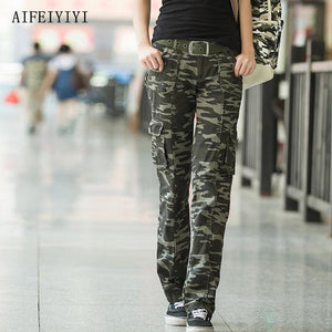Women Workout Casual Military Camouflage Cargo Jeans Pants Denim Overalls Ladies Straight Multi-pocket Trousers Pantalon Femme Fashion